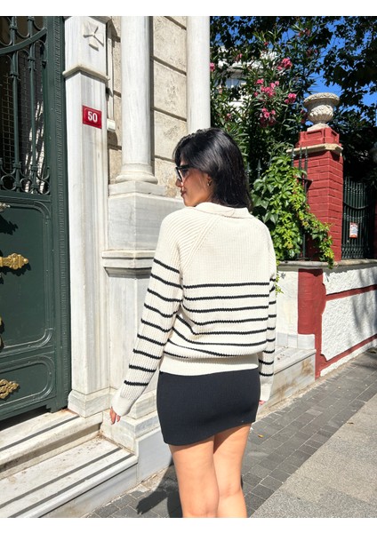 KZK0001 Kadın 1x1 Örgü Çizgili Gömlek Yaka Oversize Kazak fırsatları