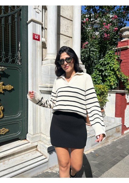 KZK0001 Kadın 1x1 Örgü Çizgili Gömlek Yaka Oversize Kazak indirimleri