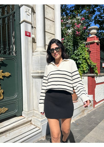 KZK0001 Kadın 1x1 Örgü Çizgili Gömlek Yaka Oversize Kazak