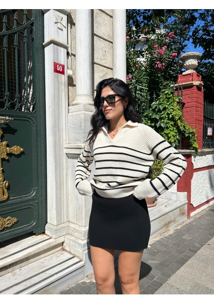 KZK0001 Kadın 1x1 Örgü Çizgili Gömlek Yaka Oversize Kazak