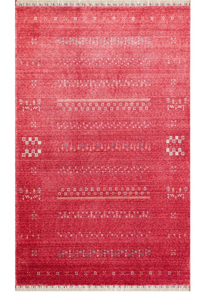 Etnik Kırmızı Tensel Dikdörtgen Modern Desenli Akrilik Hav Vermeyen Leke Tutmayan Kolay Temizlenen Yumuşak Makine Salon Yolluk Mutfak Halı