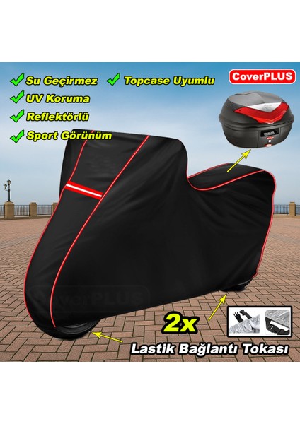 Haojin Sunny 125T Pro Arka Çanta Uyumlu Branda Siyah Kırmızı-Dikişli Reflektörlü Motosiket Brandası Motor Örtüsü Çadır Su Geçirmez Motosiklet Kılıfı Motor Brandası