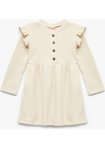 Fırfır Detaylı Düğmeli Uzun Kollu Bisiklet Yaka Elbise