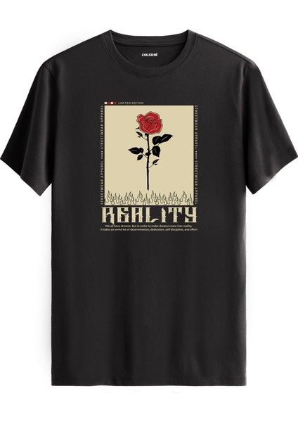 Reality Baskılı Gül Tasarım %100 Pamuk Streetwear Stil Tişört