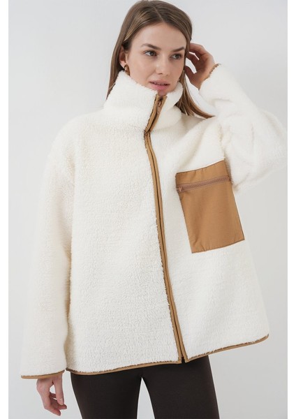 55446 Fermuarlı Oversize Peluş Ceket Mont - Camel modelleri