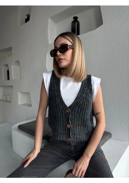 Triko Kolsuz Düğmeli Yelek - Siyah modelleri