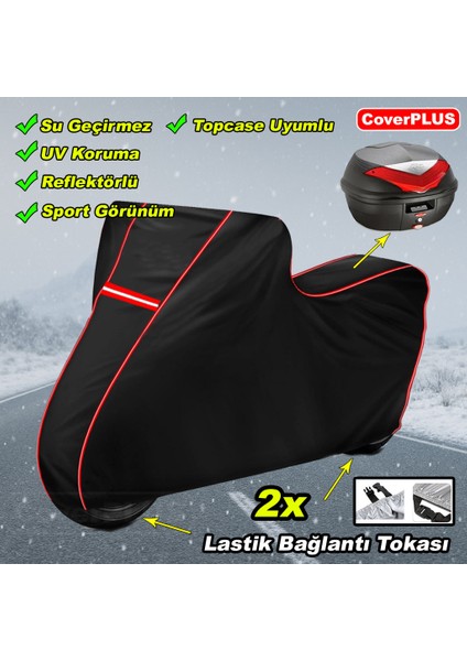 Sym Maxi 400I Abs Pro Arka Çanta Uyumlu Branda Siyah Kırmızı-Dikişli Reflektörlü Motosiket Brandası Motor Örtüsü Çadır Su Geçirmez Motosiklet Kılıfı Motor Brandası modelleri