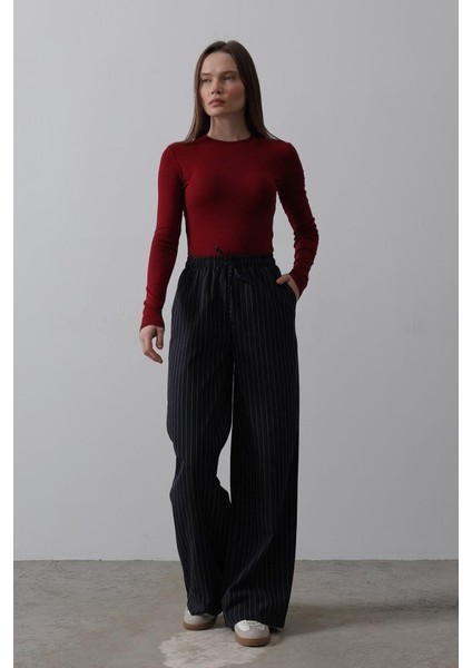 Miralis Beli Lastikli Bol Paça Pantolon - Lacivert-Beyaz