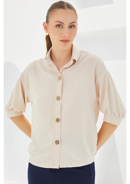 Krem Kısa Kol Oversize Keten Gömlek 20240