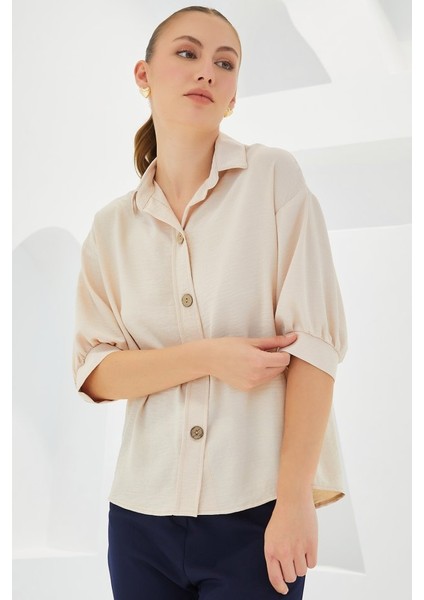 Krem Kısa Kol Oversize Keten Gömlek 20240
