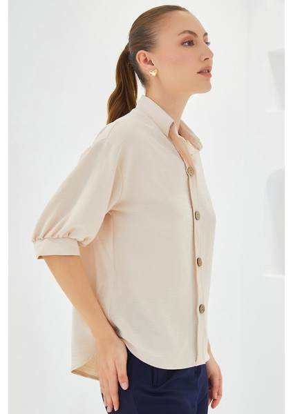 Krem Kısa Kol Oversize Keten Gömlek 20240