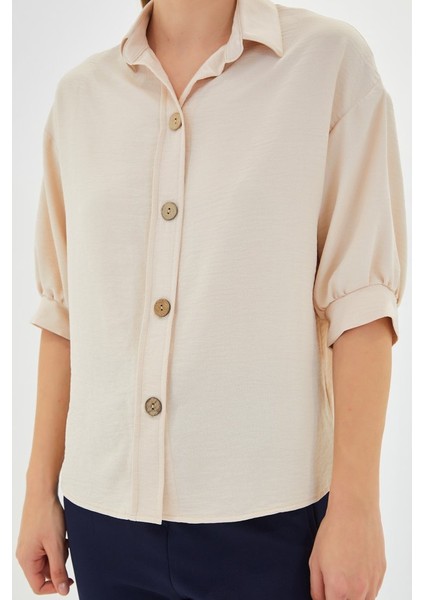 Krem Kısa Kol Oversize Keten Gömlek 20240