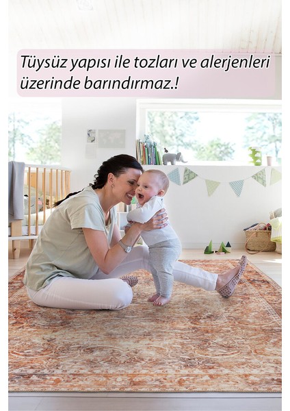 Cape Vidal Eskitme Turuncu Polyester Daire Modern Desenli Pamuk Makinada Yıkanabilir Hav Toz Vermez Leke Tutmayan Kaymaz Taban Dijital Makine Baskı Salon Yolluk Mutfak Halı modelleri