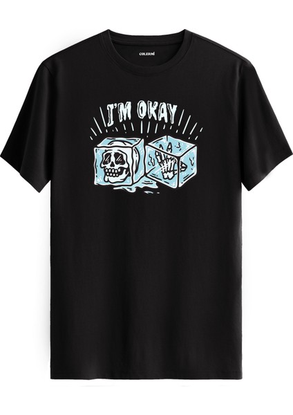 I’m Okay Yazılı Buz Küpü Kafatası Tasarım %100 Pamuk Tişört