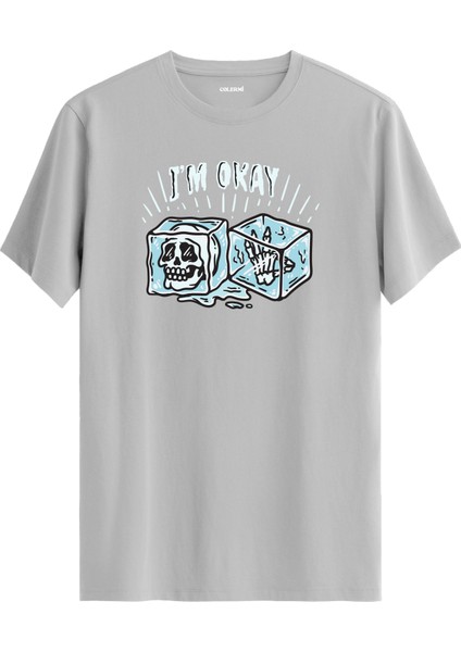 I’m Okay Yazılı Buz Küpü Kafatası Tasarım %100 Pamuk Tişört
