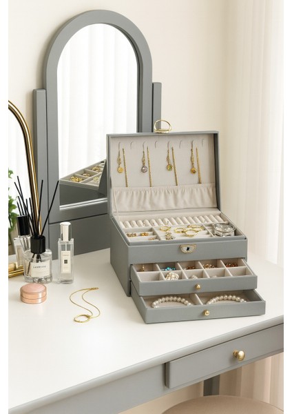 Dışı Deri Içi Kadife Kilitli 2 Çekmeceli Takı Bijuteri Mücevher Kutusu Organizer Düzenleyici Gri Ithal Ürün