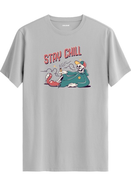 Stay Chill Iskelet Karakter Baskılı Sokak Stili %100 Pamuk Tişört