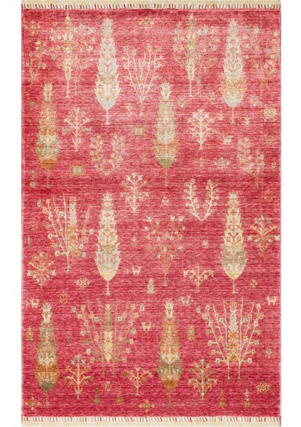 Çiçekli Kırmızı Tensel Dikdörtgen Modern Desenli Akrilik Hav Vermeyen Leke Tutmayan Kolay Temizlenen Yumuşak Makine Salon Yolluk Mutfak Halı