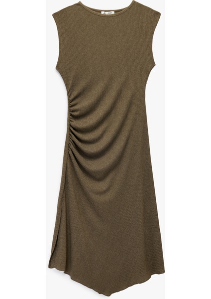 Kolsuz Bisiklet Yaka Asimetrik Drapeli Midi Elbise