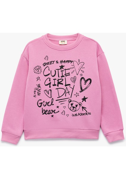 Uzun Kollu Bisiklet Yaka Şardonlu Baskılı Sweatshirt