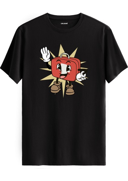Retro Çizgi Karakterli Valiz Tasarımlı Eğlenceli Sokak Modası Pamuk Tişört