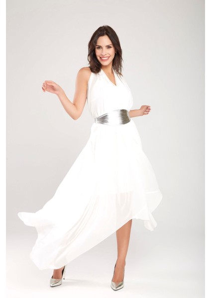 Ecru V Yaka Asimetrik Rahat Kesim Şifon Elbise Gündüz Gece Şıklığı 24L7548