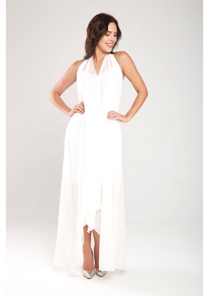 Ecru V Yaka Asimetrik Rahat Kesim Şifon Elbise Gündüz Gece Şıklığı 24L7548 fiyatları