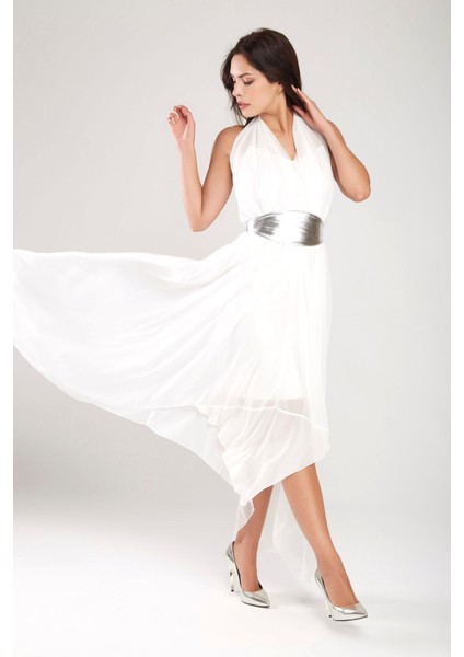 Ecru V Yaka Asimetrik Rahat Kesim Şifon Elbise Gündüz Gece Şıklığı 24L7548 modelleri