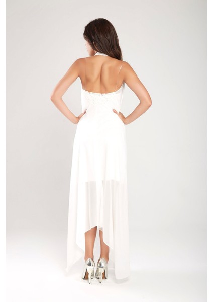 Ecru V Yaka Asimetrik Rahat Kesim Şifon Elbise Gündüz Gece Şıklığı 24L7548 indirimleri