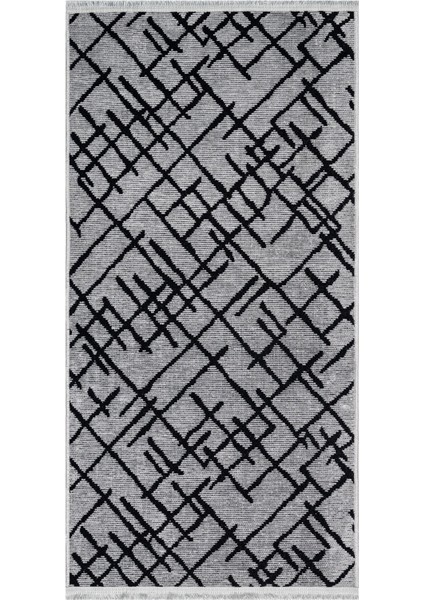 Mara Gri Geometrik Etnik Modern Desenli Pamuk Hav Vermeyen Leke Tutmayan Kolay Temizlenen Yumuşak Makine Salon Yolluk Mutfak Halı