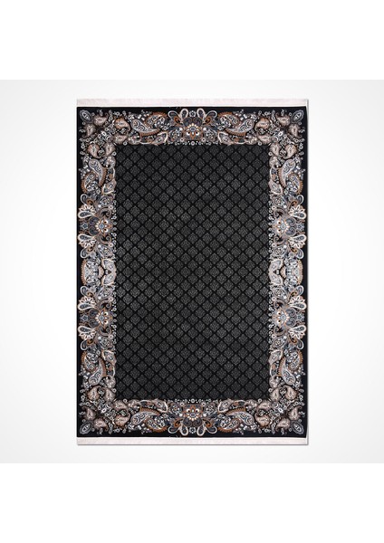 Çerçeveli Siyah Viskon Dikdörtgen Modern Desenli Akrilik Hav Vermeyen Leke Tutmayan Kolay Temizlenen Yumuşak Makine Salon Yolluk Mutfak Halı