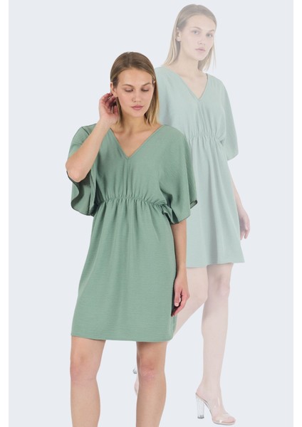 V Yaka Volan Kol Beli Lastikli Ayrobin Elbise 25L8121