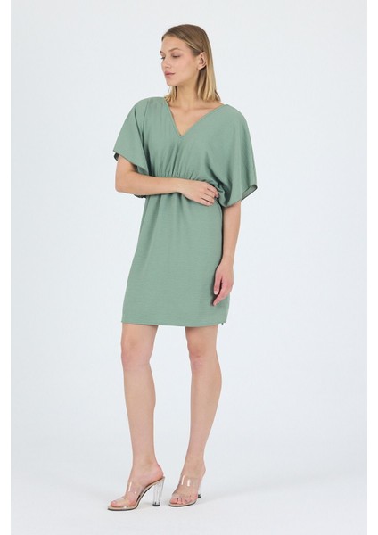 V Yaka Volan Kol Beli Lastikli Ayrobin Elbise 25L8121