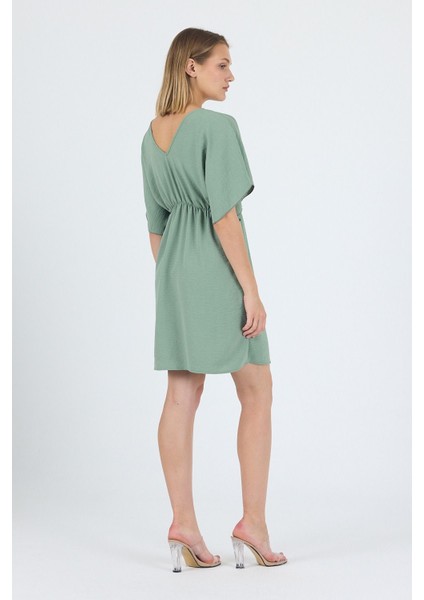 V Yaka Volan Kol Beli Lastikli Ayrobin Elbise 25L8121