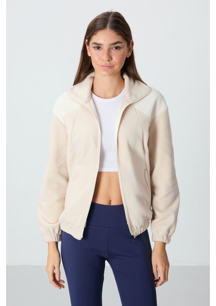 Bej Kalın Yumuşak Dokulu Dik Yaka Oversize Nakışlı Polar Kadın Sweatshirt - 97293 indirimleri