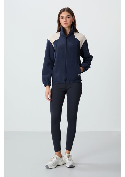 Lacivert Kalın Yumuşak Dokulu Dik Yaka Oversize Nakışlı Polar Kadın Sweatshirt - 97293 fırsatları