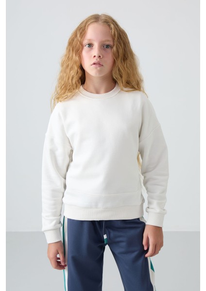 Ekru Pamuklu İçi Tüylü Yumuşak Dokulu Oversize Nakışlı Kız Çocuk Sweatshirt - 75150