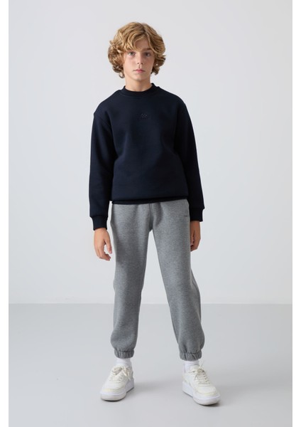 Lacivert Pamuklu Kalın İçi Tüylü Yumuşak Dokulu Standart Fit Nakışlı Erkek Çocuk Sweatshirt - 11232 fiyatları
