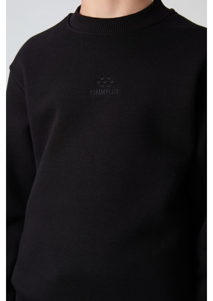 Siyah Pamuklu Kalın İçi Tüylü Yumuşak Dokulu Standart Fit Nakışlı Erkek Çocuk Sweatshirt - 11232 fiyatları