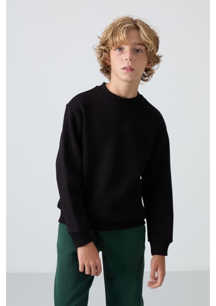 Siyah Pamuklu Kalın İçi Tüylü Yumuşak Dokulu Standart Fit Nakışlı Erkek Çocuk Sweatshirt - 11232 fırsatları