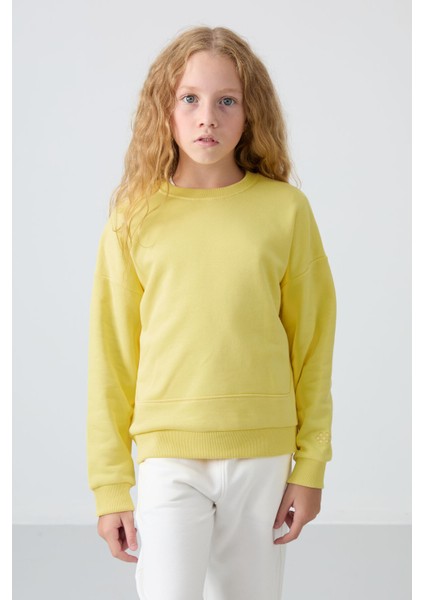 Sarı Pamuklu İçi Tüylü Yumuşak Dokulu Oversize Nakışlı Kız Çocuk Sweatshirt - 75150