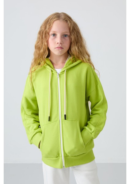 Lime Yeşil Pamuklu İçi Tüylü Yumuşak Dokulu Standart Fit Nakışlı Kız Çocuk Sweatshirt - 75149