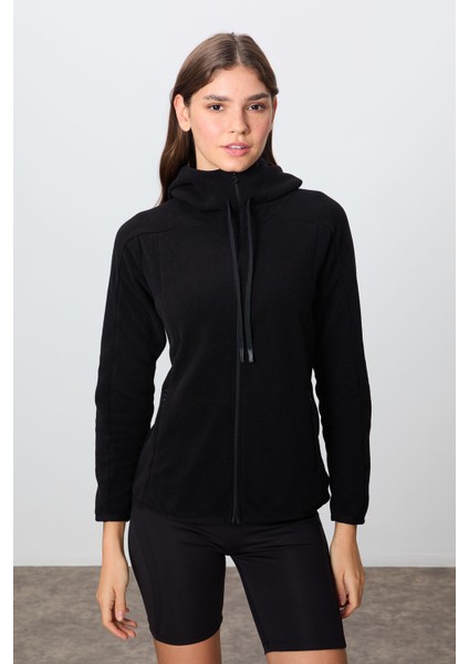 Siyah Kalın Yumuşak Dokulu Kapüşonlu Standart Fit Nakışlı Polar Kadın Sweatshirt -97287