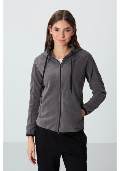 Koyu Gri Kalın Yumuşak Dokulu Kapüşonlu Standart Fit Nakışlı Polar Kadın Sweatshirt -97287 modelleri