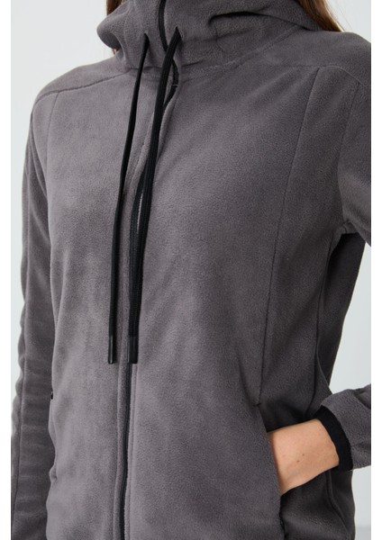 Koyu Gri Kalın Yumuşak Dokulu Kapüşonlu Standart Fit Nakışlı Polar Kadın Sweatshirt -97287 indirimleri