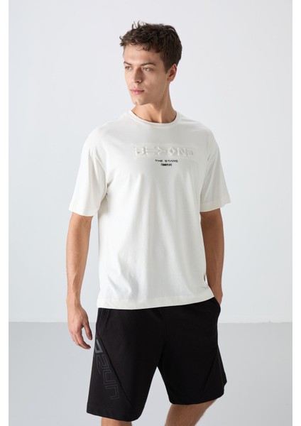 Tommy Life Ekru Pamuklu Kalın Yumuşak Dokulu Oversize Fit Baskılı Erkek T-Shirt - 88328