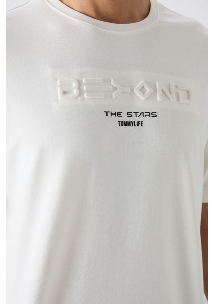 Tommy Life Ekru Pamuklu Kalın Yumuşak Dokulu Oversize Fit Baskılı Erkek T-Shirt - 88328 modelleri