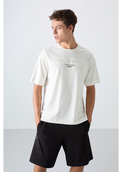 Tommy Life Ekru Pamuklu Kalın Yumuşak Dokulu Oversize Fit Baskılı Erkek T-Shirt - 88328 fırsatları
