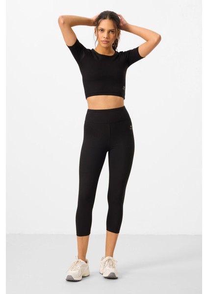 Tommy Life Siyah Kadın Yüksek Bel Kapri-Crop T-Shirt Slim Fit Tayt Takım - 95285