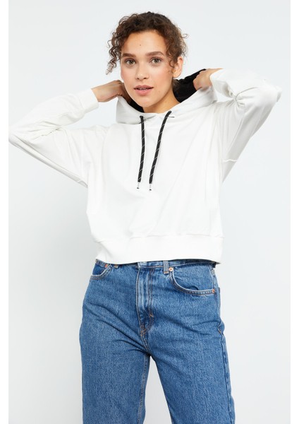 Ekru Uzun Kol Rahat Form Kapüşonlu Kadın Sweatshirt - 97115 modelleri